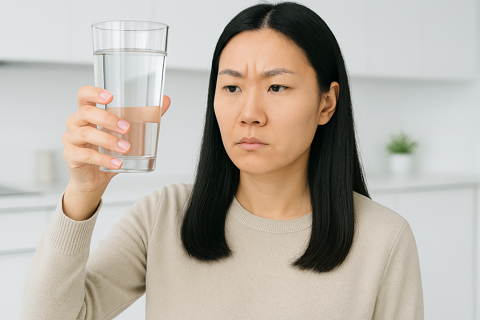 Wanita melihat segelas air keruh